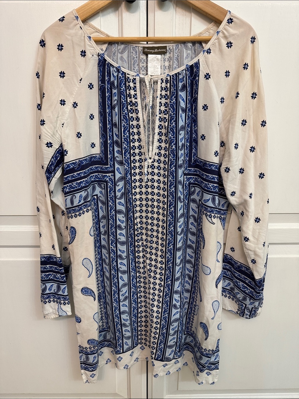 Tommy Bahama White and Blue Paisley Tie-Front Tunic. Coastal paisley lightweight
